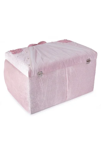 Kadife Süngerli Güllü Dantelli Söz Nişan Düğün Çeyizlik Gelin Bohça Sandık Seti (Büyük+Küçük) - Pudra/Beyaz - 4