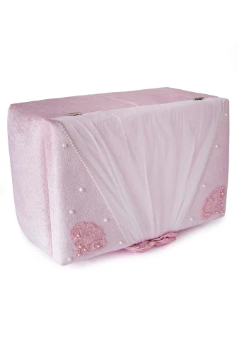 Kadife Süngerli Güllü Dantelli Söz Nişan Düğün Çeyizlik Gelin Bohça Sandık Seti (Büyük+Küçük) - Pudra/Beyaz - 5