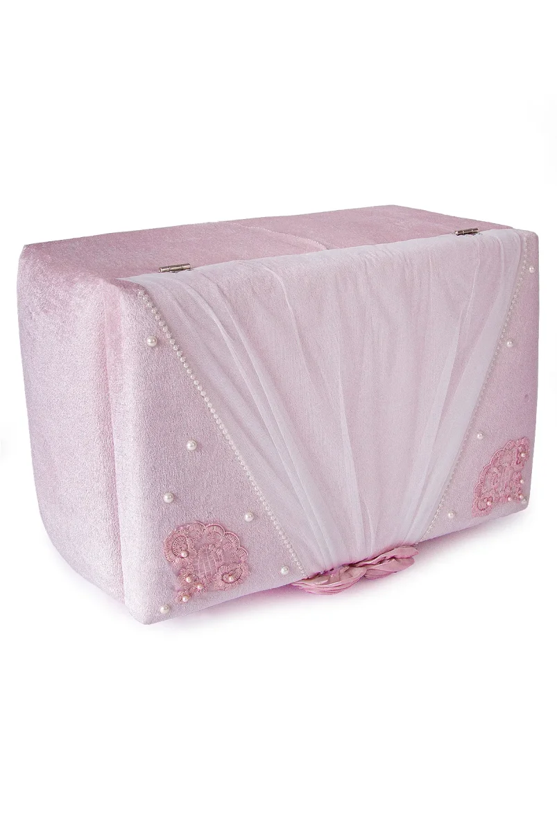 Kadife Süngerli Güllü Dantelli Söz Nişan Düğün Çeyizlik Gelin Bohça Sandık Seti (Büyük+Küçük) - Pudra/Beyaz - 5