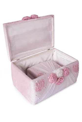 Kadife Süngerli Güllü Dantelli Söz Nişan Düğün Çeyizlik Gelin Bohça Sandık Seti (Büyük+Küçük) - Pudra/Beyaz - 6
