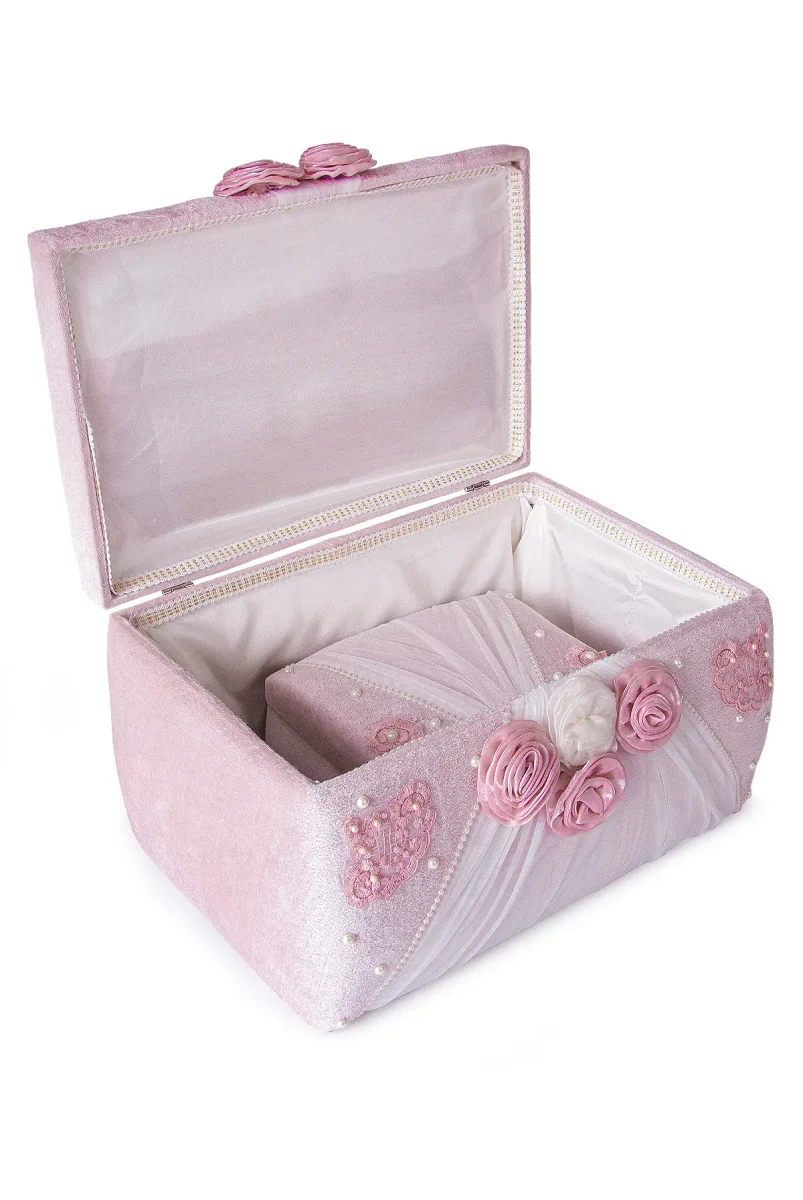 Kadife Süngerli Güllü Dantelli Söz Nişan Düğün Çeyizlik Gelin Bohça Sandık Seti (Büyük+Küçük) - Pudra/Beyaz - 6