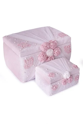 Kadife Süngerli Güllü Dantelli Söz Nişan Düğün Çeyizlik Gelin Bohça Sandık Seti (Büyük+Küçük) - Pudra/Beyaz - 7