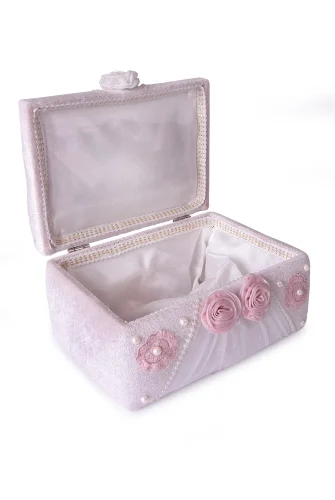 Kadife Süngerli Güllü Dantelli Söz Nişan Düğün Çeyizlik Gelin Bohça Sandık Seti (Büyük+Küçük) - Pudra/Beyaz - 8