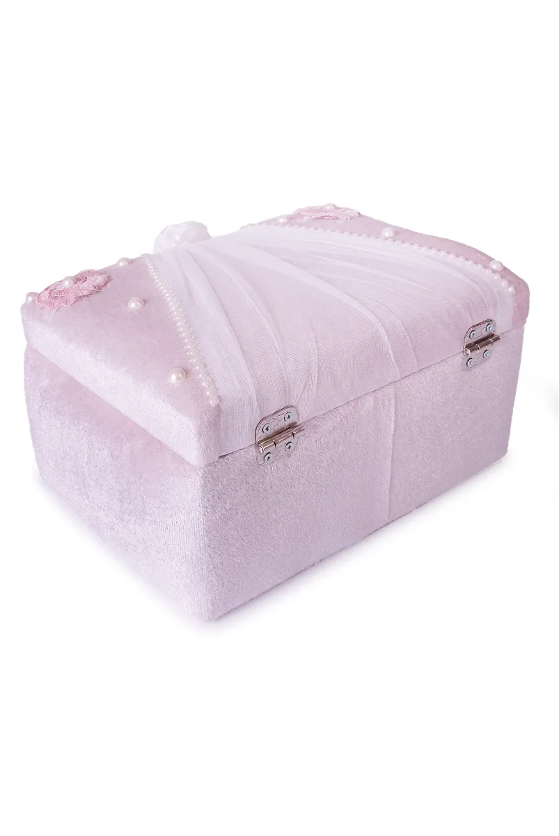 Kadife Süngerli Güllü Dantelli Söz Nişan Düğün Çeyizlik Gelin Bohça Sandık Seti (Büyük+Küçük) - Pudra/Beyaz - 9