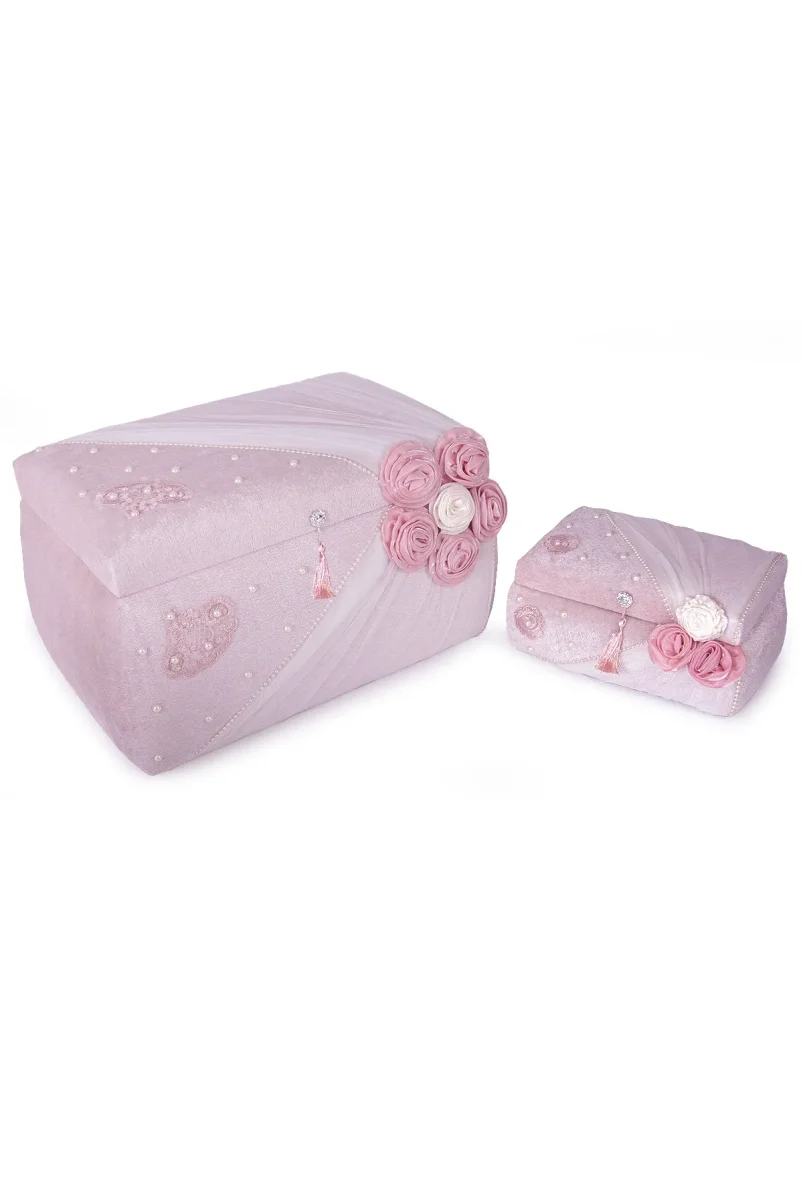 Kadife Süngerli Güllü Dantelli Söz Nişan Düğün Çeyizlik Gelin Bohça Sandık Seti (Büyük+Küçük) - Pudra - 1