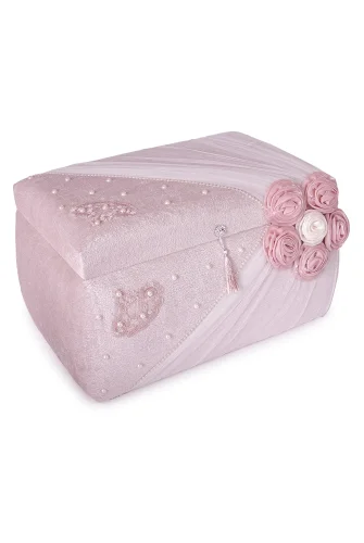 Kadife Süngerli Güllü Dantelli Söz Nişan Düğün Çeyizlik Gelin Bohça Sandık Seti (Büyük+Küçük) - Pudra - İhvan (1)