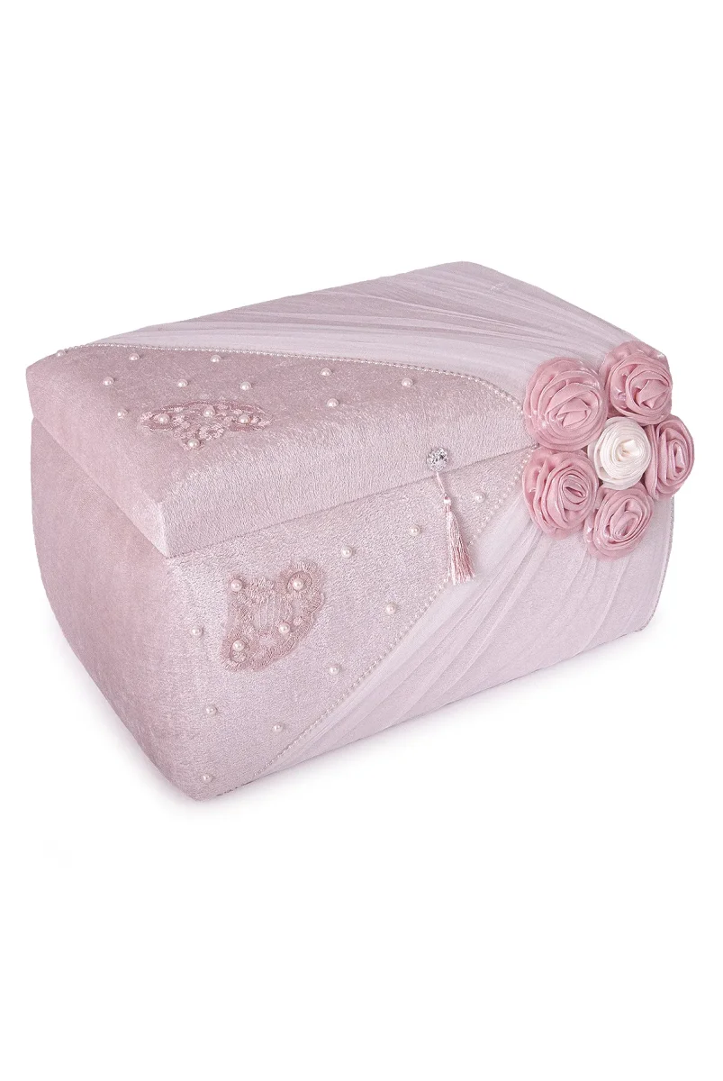 Kadife Süngerli Güllü Dantelli Söz Nişan Düğün Çeyizlik Gelin Bohça Sandık Seti (Büyük+Küçük) - Pudra - 2