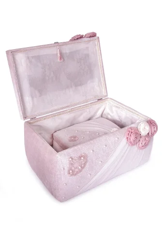 Kadife Süngerli Güllü Dantelli Söz Nişan Düğün Çeyizlik Gelin Bohça Sandık Seti (Büyük+Küçük) - Pudra - 3