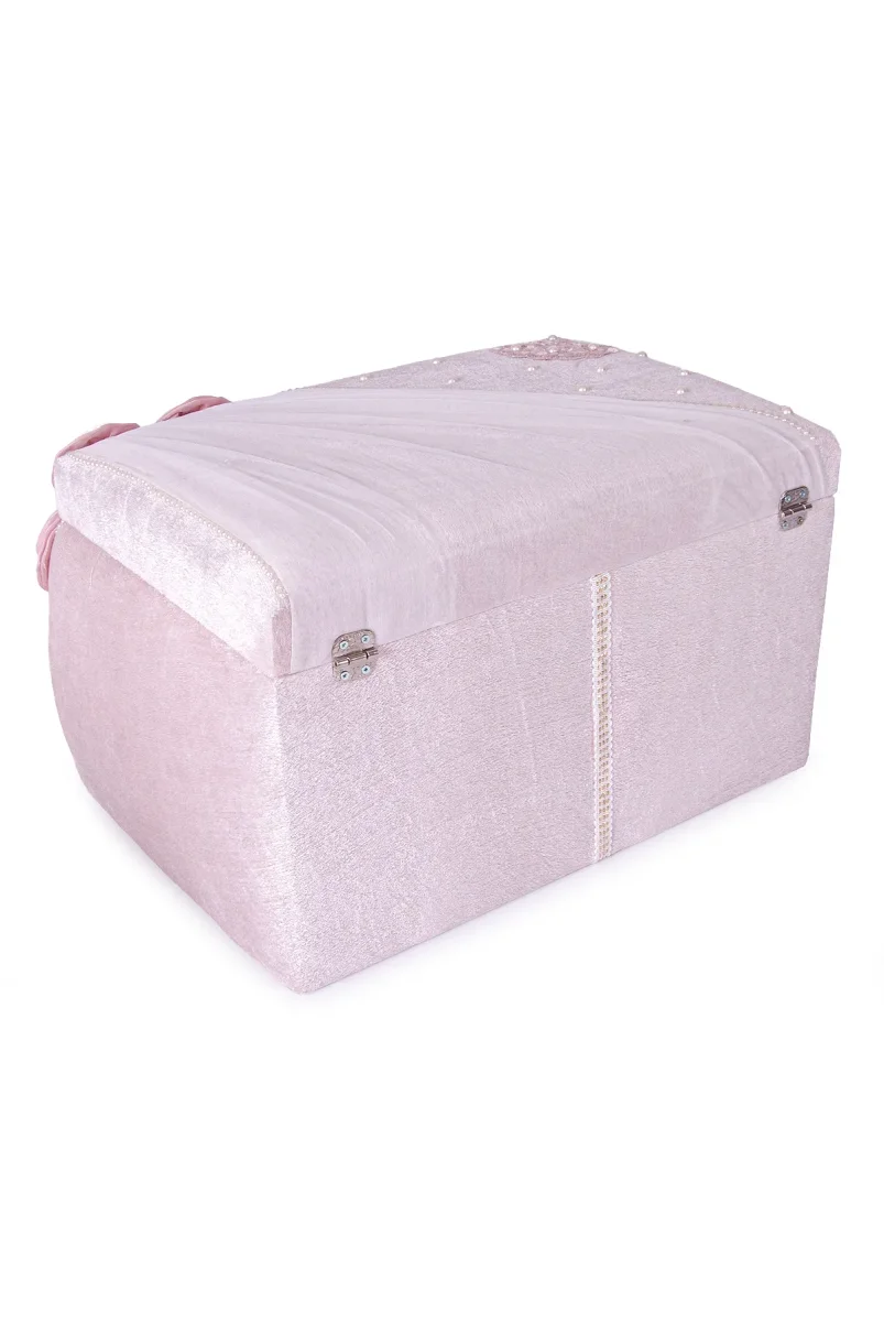 Kadife Süngerli Güllü Dantelli Söz Nişan Düğün Çeyizlik Gelin Bohça Sandık Seti (Büyük+Küçük) - Pudra - 4