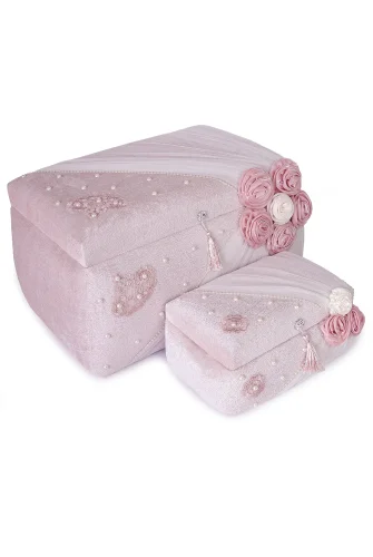 Kadife Süngerli Güllü Dantelli Söz Nişan Düğün Çeyizlik Gelin Bohça Sandık Seti (Büyük+Küçük) - Pudra - 5