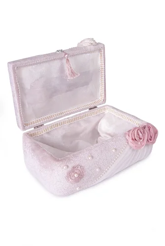 Kadife Süngerli Güllü Dantelli Söz Nişan Düğün Çeyizlik Gelin Bohça Sandık Seti (Büyük+Küçük) - Pudra - 7