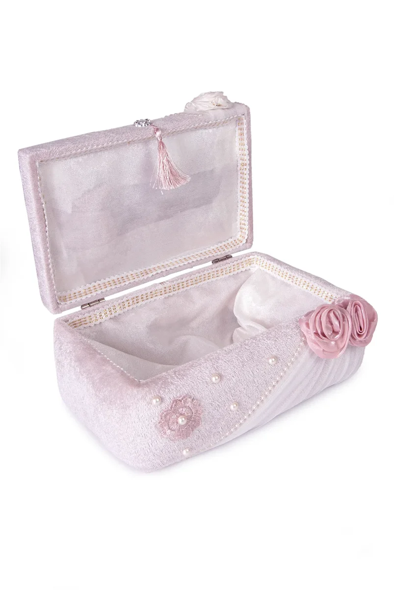 Kadife Süngerli Güllü Dantelli Söz Nişan Düğün Çeyizlik Gelin Bohça Sandık Seti (Büyük+Küçük) - Pudra - 7
