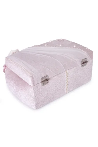 Kadife Süngerli Güllü Dantelli Söz Nişan Düğün Çeyizlik Gelin Bohça Sandık Seti (Büyük+Küçük) - Pudra - 8