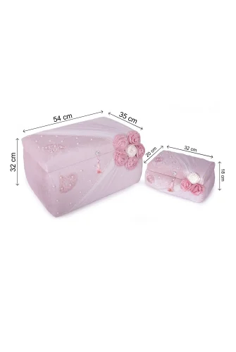Kadife Süngerli Güllü Dantelli Söz Nişan Düğün Çeyizlik Gelin Bohça Sandık Seti (Büyük+Küçük) - Pudra - 9