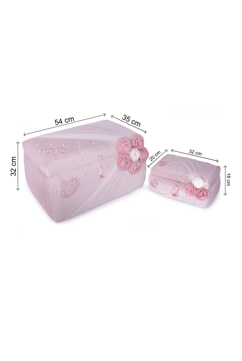 Kadife Süngerli Güllü Dantelli Söz Nişan Düğün Çeyizlik Gelin Bohça Sandık Seti (Büyük+Küçük) - Pudra - 9
