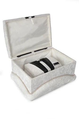 Kadife Süngerli Şeritli Söz Nişan Düğün Çeyizlik Gelin Bohça Sandık Seti (Büyük+Küçük) - Krem/Siyah - 3