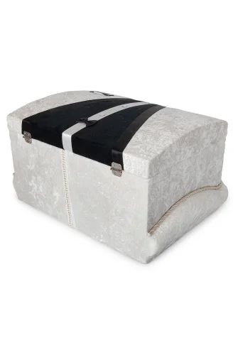 Kadife Süngerli Şeritli Söz Nişan Düğün Çeyizlik Gelin Bohça Sandık Seti (Büyük+Küçük) - Krem/Siyah - 4