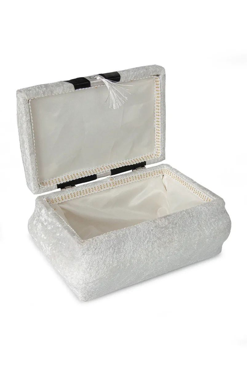 Kadife Süngerli Şeritli Söz Nişan Düğün Çeyizlik Gelin Bohça Sandık Seti (Büyük+Küçük) - Krem/Siyah - 7