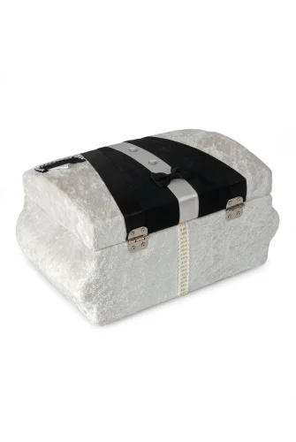 Kadife Süngerli Şeritli Söz Nişan Düğün Çeyizlik Gelin Bohça Sandık Seti (Büyük+Küçük) - Krem/Siyah - 8