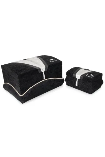 Kadife Süngerli Şeritli Söz Nişan Düğün Çeyizlik Gelin Bohça Sandık Seti (Büyük+Küçük) - Siyah 