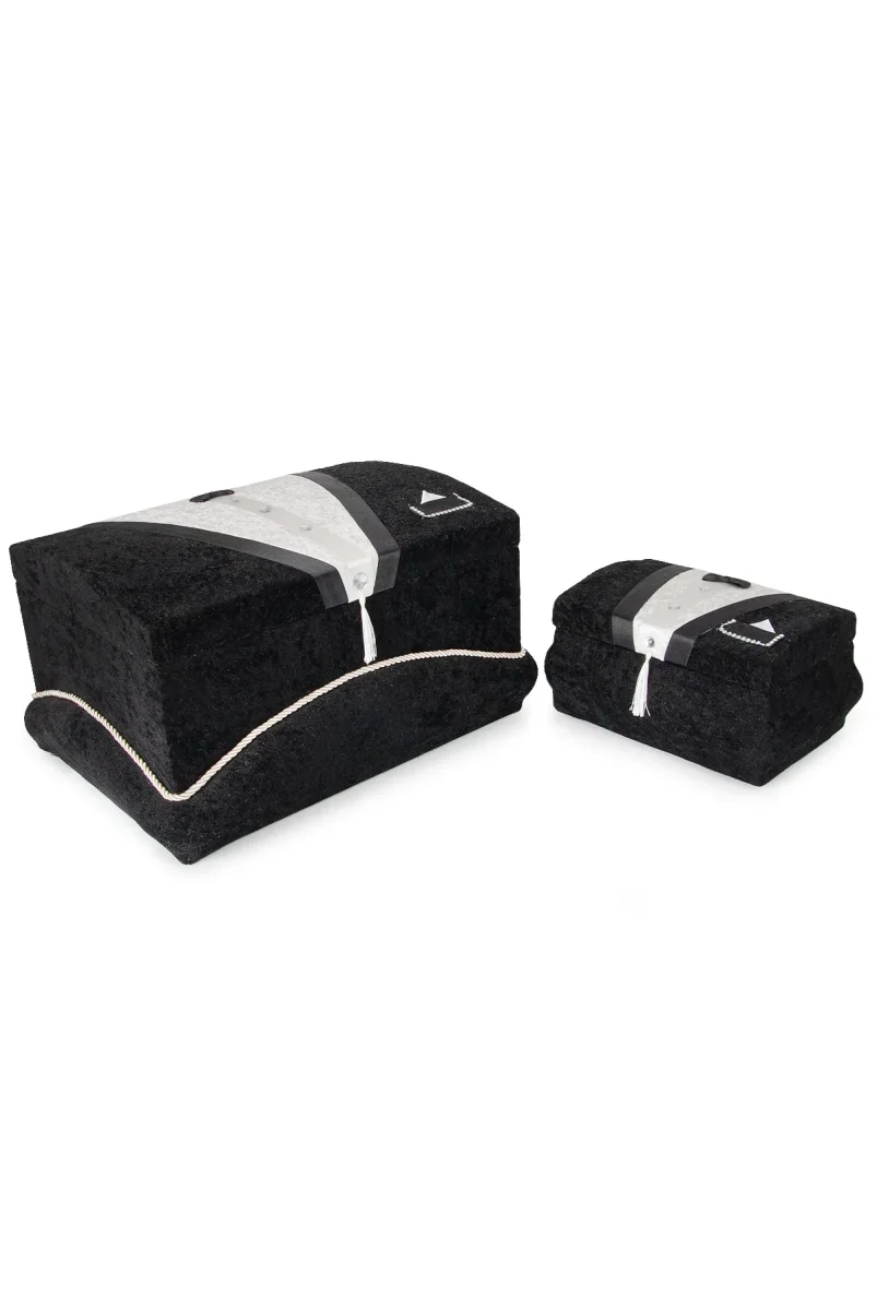 Kadife Süngerli Şeritli Söz Nişan Düğün Çeyizlik Gelin Bohça Sandık Seti (Büyük+Küçük) - Siyah - 1