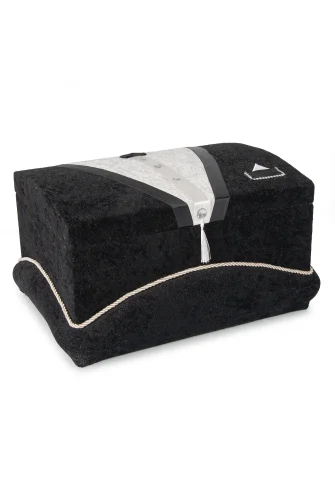 Kadife Süngerli Şeritli Söz Nişan Düğün Çeyizlik Gelin Bohça Sandık Seti (Büyük+Küçük) - Siyah - İhvan (1)