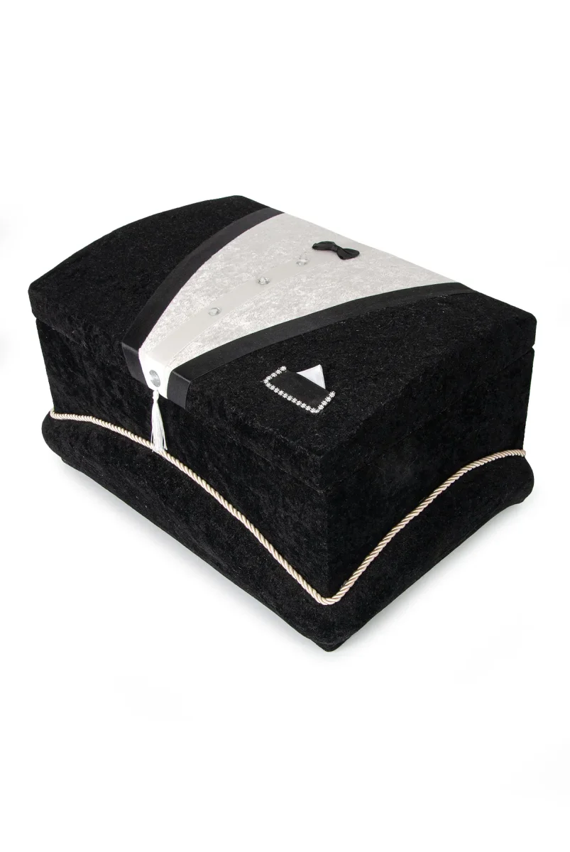 Kadife Süngerli Şeritli Söz Nişan Düğün Çeyizlik Gelin Bohça Sandık Seti (Büyük+Küçük) - Siyah - 3