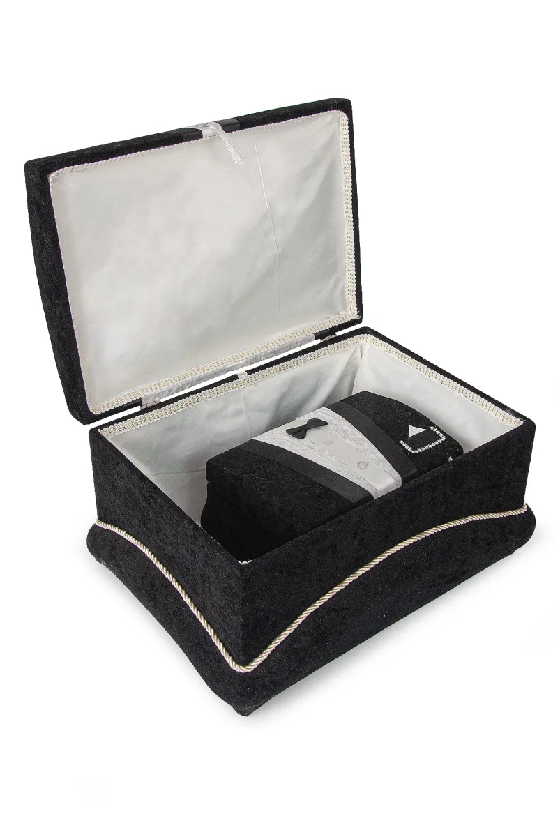 Kadife Süngerli Şeritli Söz Nişan Düğün Çeyizlik Gelin Bohça Sandık Seti (Büyük+Küçük) - Siyah - 5