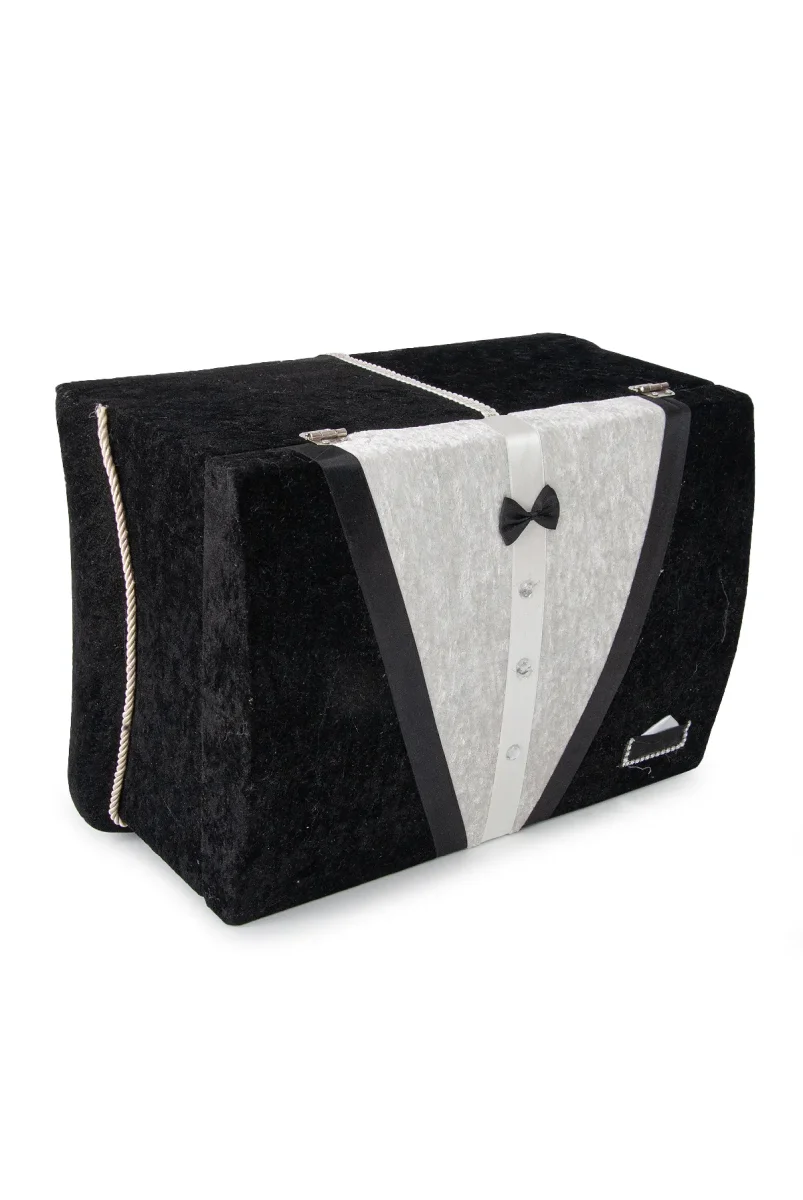 Kadife Süngerli Şeritli Söz Nişan Düğün Çeyizlik Gelin Bohça Sandık Seti (Büyük+Küçük) - Siyah - 6