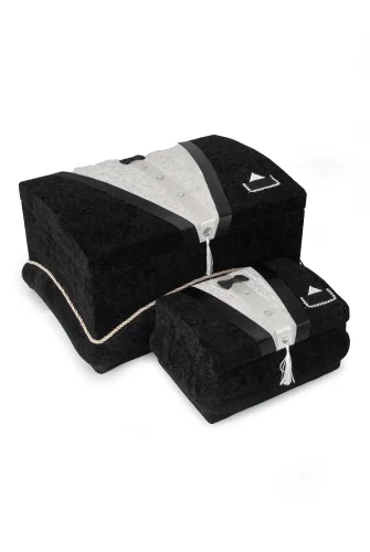 Kadife Süngerli Şeritli Söz Nişan Düğün Çeyizlik Gelin Bohça Sandık Seti (Büyük+Küçük) - Siyah - 7