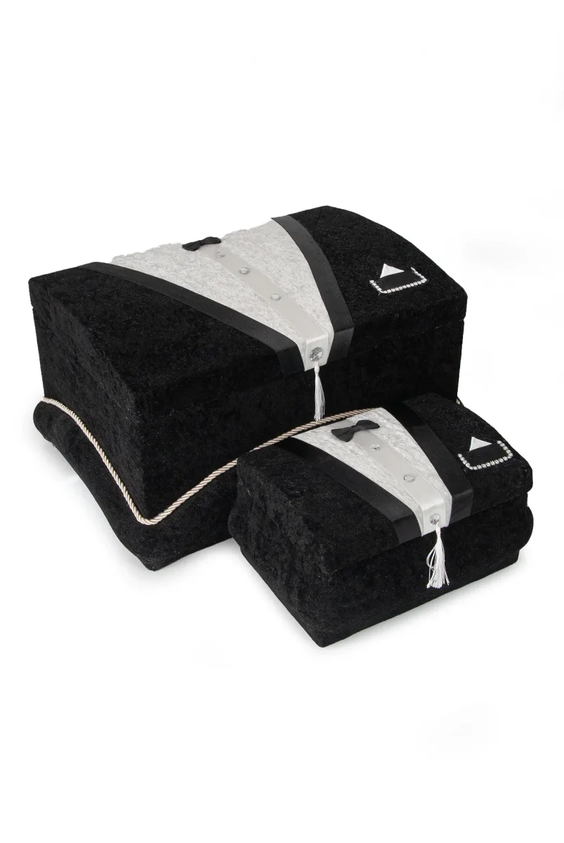 Kadife Süngerli Şeritli Söz Nişan Düğün Çeyizlik Gelin Bohça Sandık Seti (Büyük+Küçük) - Siyah - 7