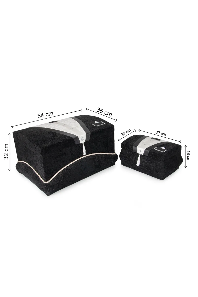 Kadife Süngerli Şeritli Söz Nişan Düğün Çeyizlik Gelin Bohça Sandık Seti (Büyük+Küçük) - Siyah - 9