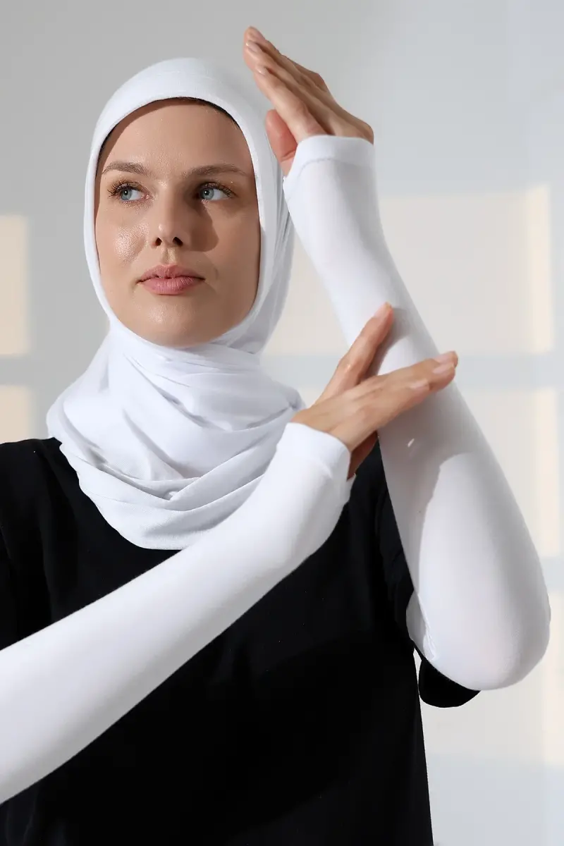 Kadın Avuç İçi Uzun Penye Tesettür Kolluk Beyaz - 5