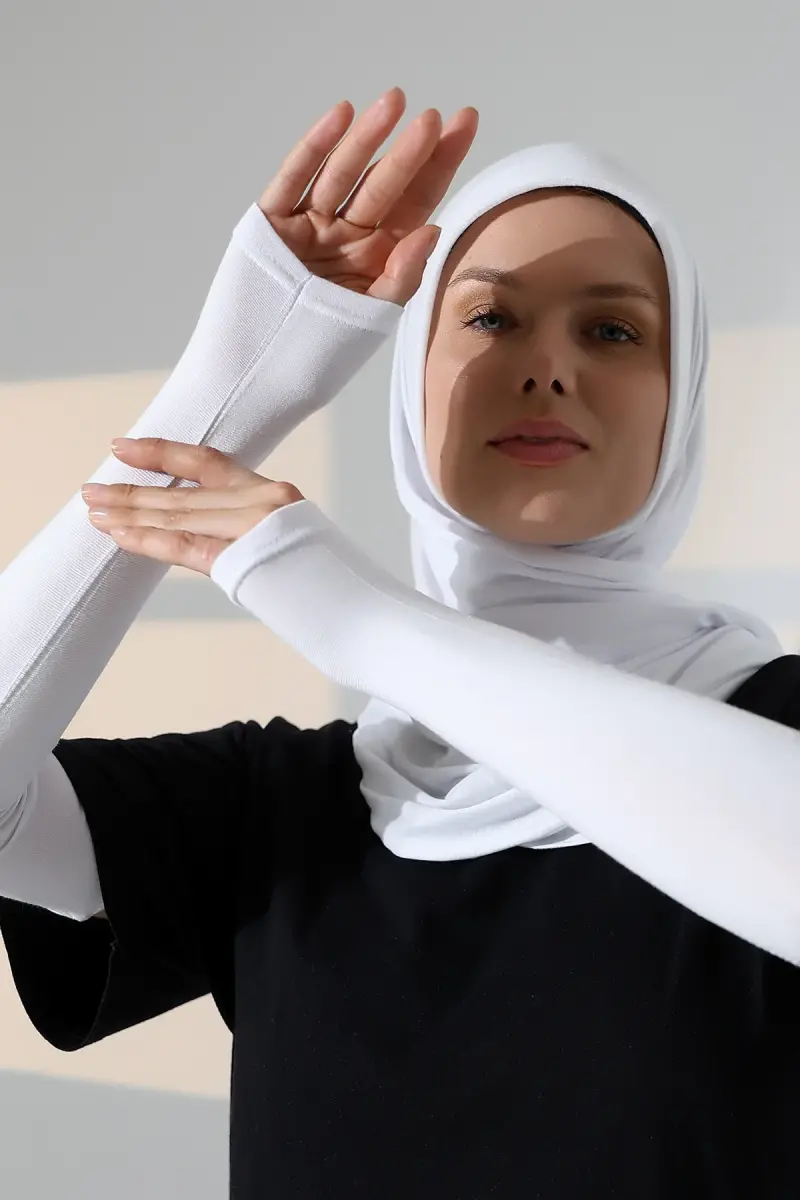 Kadın Avuç İçi Uzun Penye Tesettür Kolluk Beyaz - 6