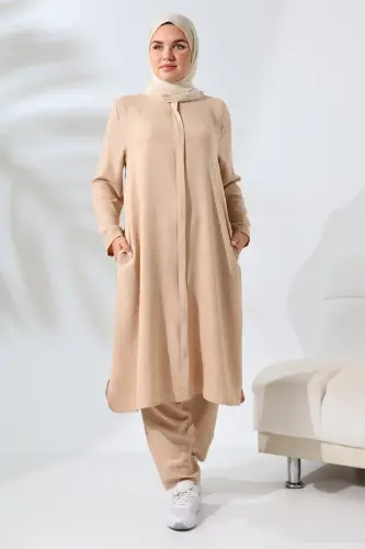 Kadın Bej Melanj Keten Görünümlü Gizli Fermuarlı Hac Umre Kıyafeti Tesettür İkili Takım 