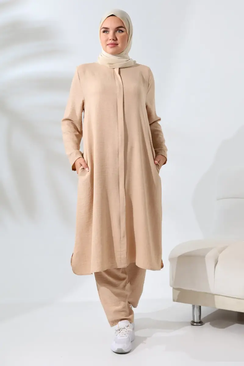 Kadın Bej Melanj Keten Görünümlü Gizli Fermuarlı Hac Umre Kıyafeti Tesettür İkili Takım - 1