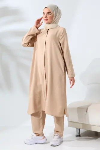 Kadın Bej Melanj Keten Görünümlü Gizli Fermuarlı Hac Umre Kıyafeti Tesettür İkili Takım - ihvanonline (1)