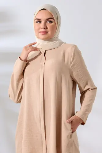 Kadın Bej Melanj Keten Görünümlü Gizli Fermuarlı Hac Umre Kıyafeti Tesettür İkili Takım - 3