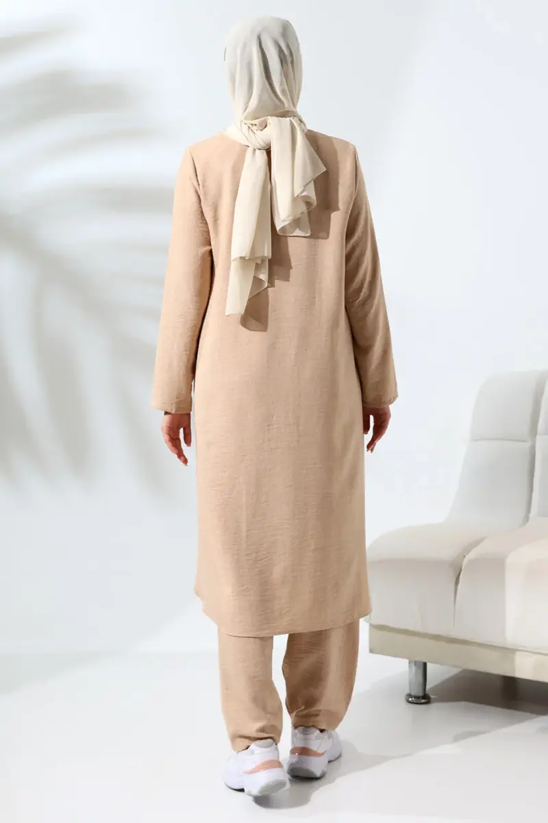 Kadın Bej Melanj Keten Görünümlü Gizli Fermuarlı Hac Umre Kıyafeti Tesettür İkili Takım - 4