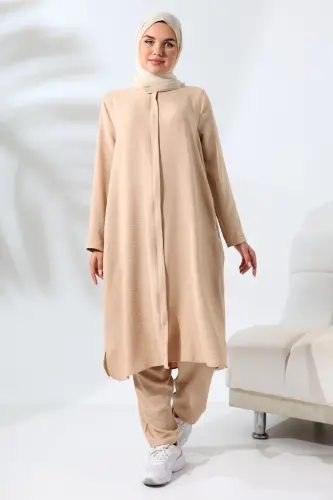 Kadın Bej Melanj Keten Görünümlü Gizli Fermuarlı Hac Umre Kıyafeti Tesettür İkili Takım - 6