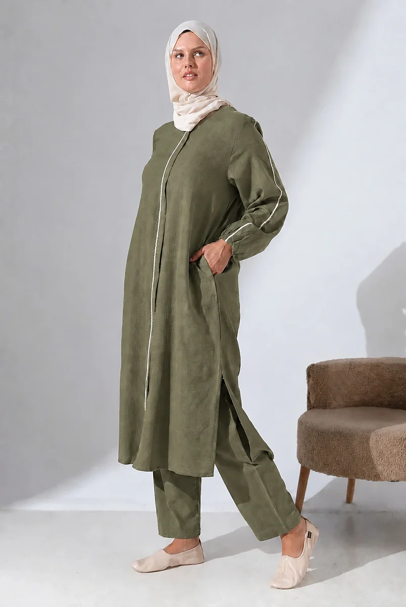 Kadın Biyeli Keten Nakışlı Müslin Tesettür İkili Takım Pamuklu Hac ve Umre Kıyafeti - Haki (Vsn) - 2