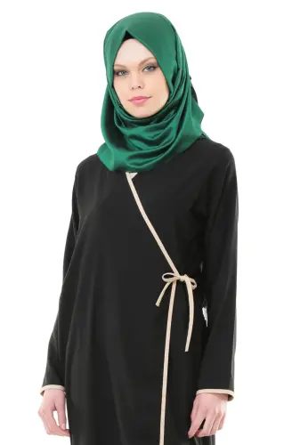 Kadın Biyeli Kruvaze Yaka Pamuklu Viskon Yandan Bağlamalı Namaz Elbisesi Siyah - 2