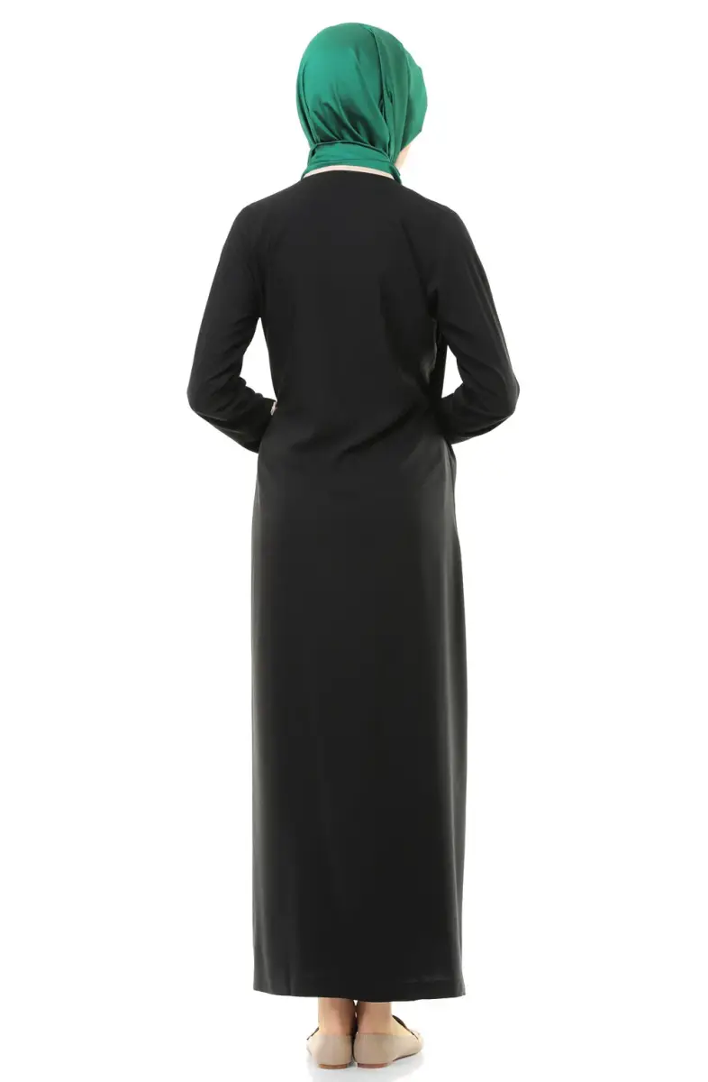 Kadın Biyeli Kruvaze Yaka Pamuklu Viskon Yandan Bağlamalı Namaz Elbisesi Siyah - 3