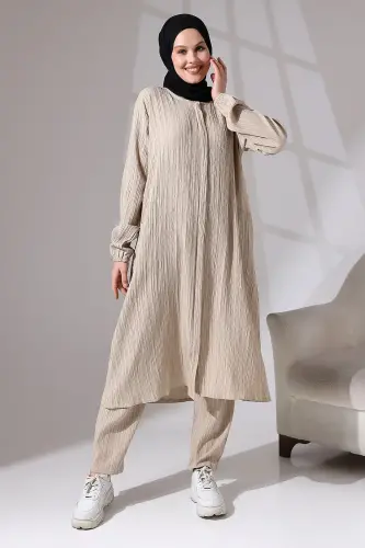 Kadın Bürümcük Kumaş Gizli Fermuarlı İkili Takım Hac Umre Kıyafeti Bej 
