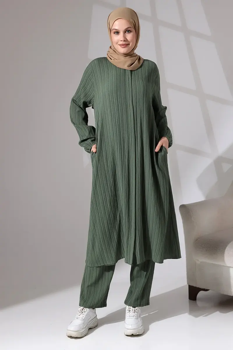 Kadın Bürümcük Kumaş Gizli Fermuarlı İkili Takım Hac Umre Kıyafeti Yeşil - 1