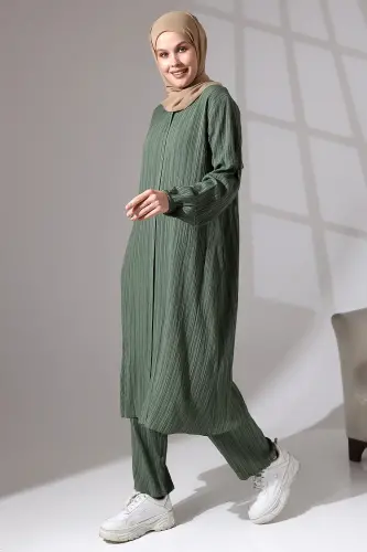 Kadın Bürümcük Kumaş Gizli Fermuarlı İkili Takım Hac Umre Kıyafeti Yeşil - ihvanonline (1)
