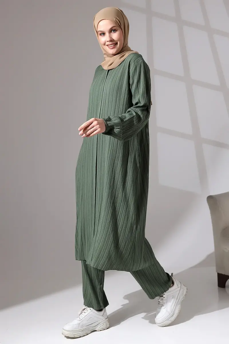 Kadın Bürümcük Kumaş Gizli Fermuarlı İkili Takım Hac Umre Kıyafeti Yeşil - 2