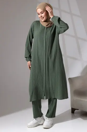 Kadın Bürümcük Kumaş Gizli Fermuarlı İkili Takım Hac Umre Kıyafeti Yeşil - 3