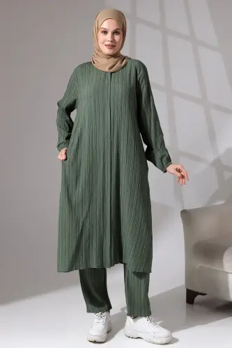 Kadın Bürümcük Kumaş Gizli Fermuarlı İkili Takım Hac Umre Kıyafeti Yeşil - 4