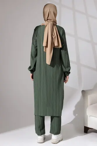 Kadın Bürümcük Kumaş Gizli Fermuarlı İkili Takım Hac Umre Kıyafeti Yeşil - 5